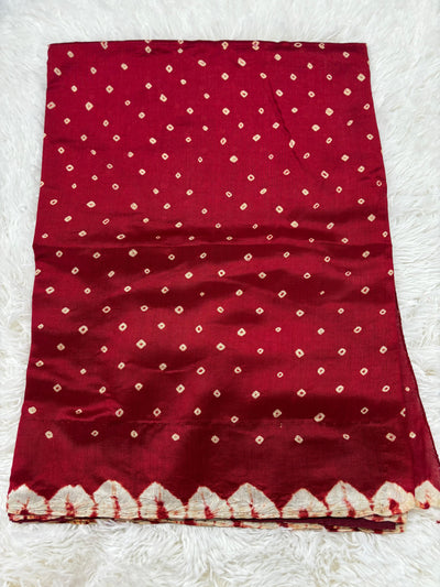 Bandhani Style Tussar Silk Saree – Red with Hand-Tie Dye Patterns, Elegant Zari Border & Matching Blouse