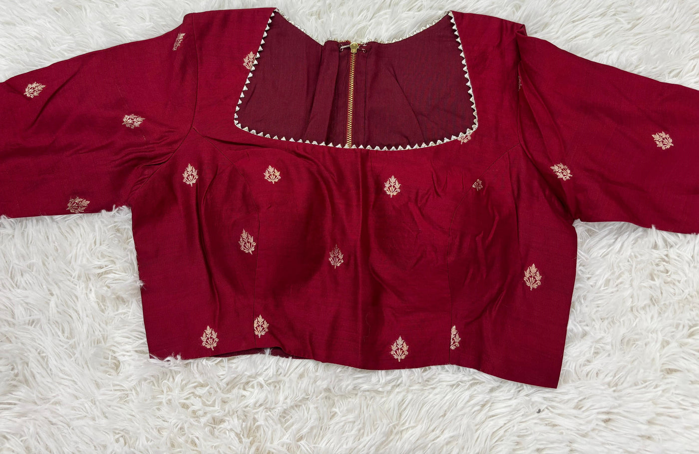 Bandhani Style Tussar Silk Saree – Rich Red with Golden Butta Blouse