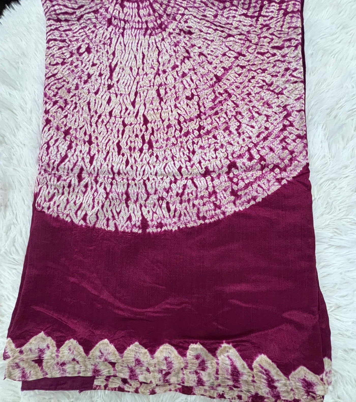 Bandhani Style Tussar Silk Saree – Deep Maroon with White Patterns, Paired with Designer Zipper Blouse