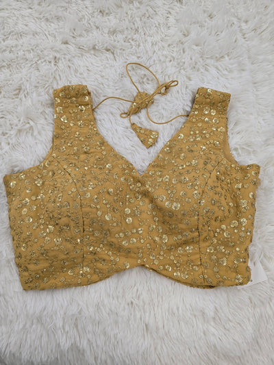 Golden Mustard Sequins Embroidered Blouse with Back Tie Tassels
