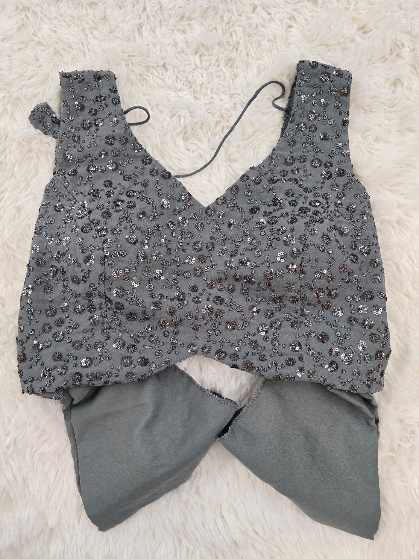 Grey Sequin Embroidered Blouse – V Neck with Back-Open Tie-Up