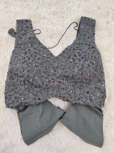 Grey Sequin Embroidered Blouse – V Neck with Back-Open Tie-Up