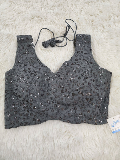 Grey Sequin Embroidered Blouse – V Neck with Back-Open Tie-Up