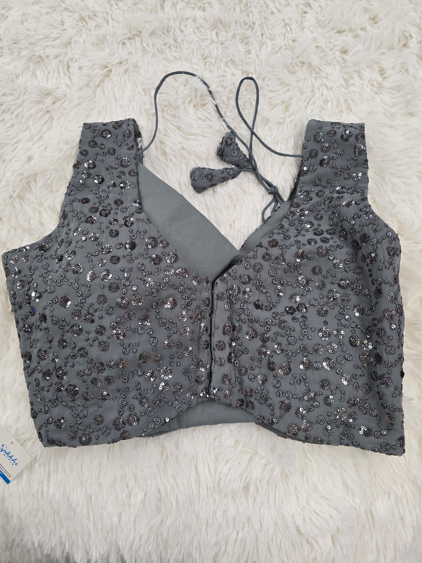 Grey Sequin Embroidered Blouse – V Neck with Back-Open Tie-Up
