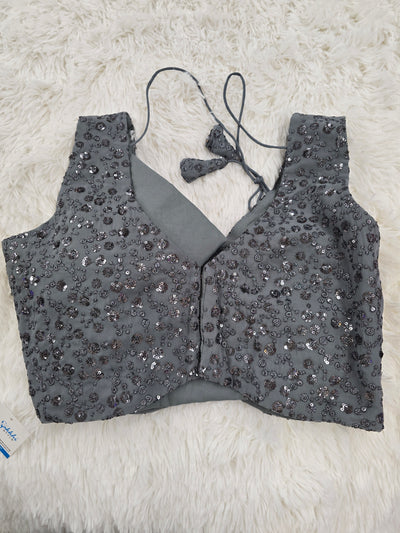 Grey Sequin Embroidered Blouse – V Neck with Back-Open Tie-Up