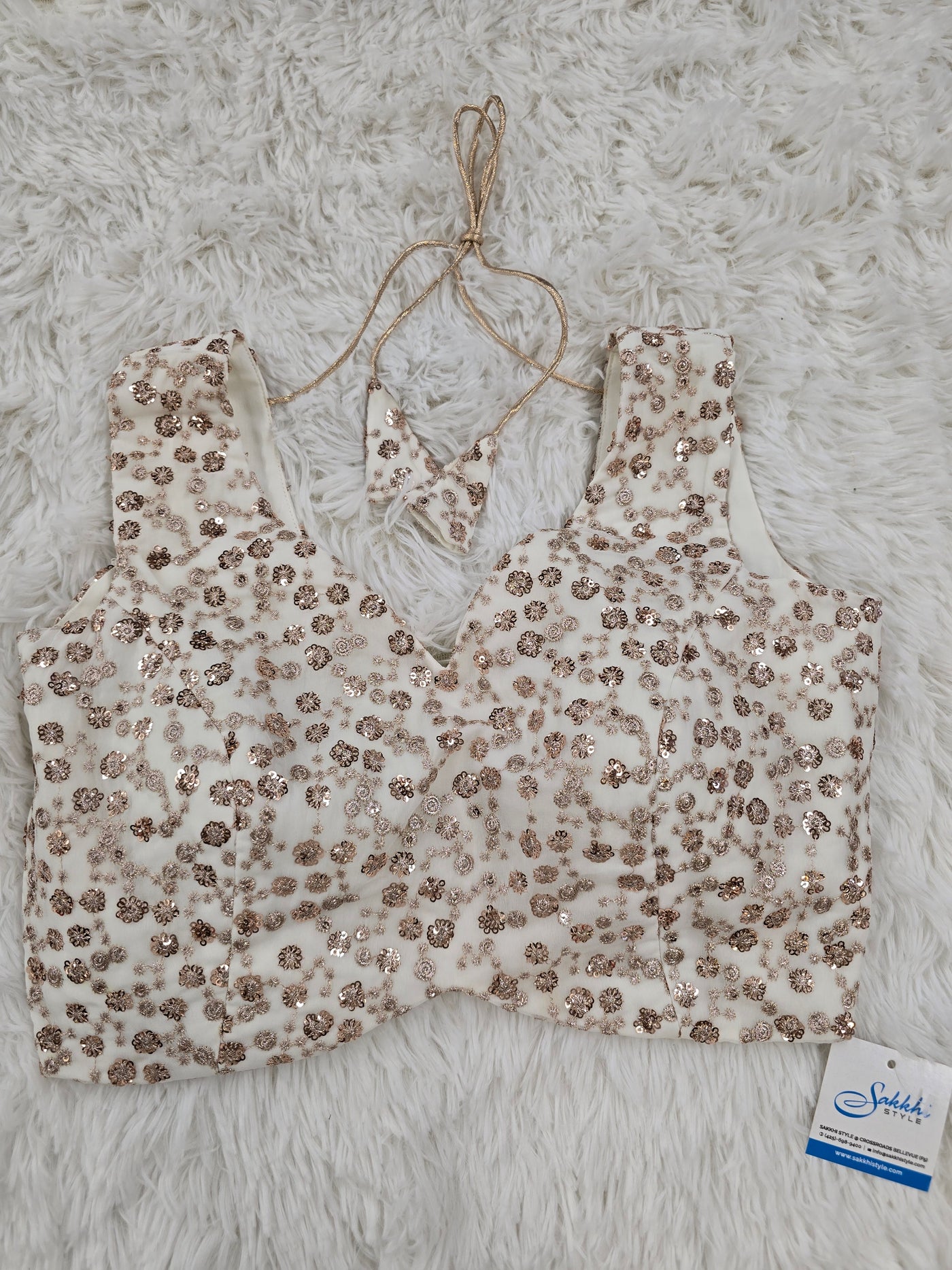 Ivory Sequin Embroidered Sleeveless Blouse with Extra Sleeve Fabric – V Neck, Back Tie Closure