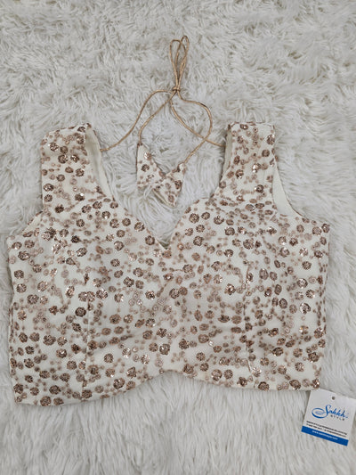 Ivory Sequin Embroidered Sleeveless Blouse with Extra Sleeve Fabric – V Neck, Back Tie Closure