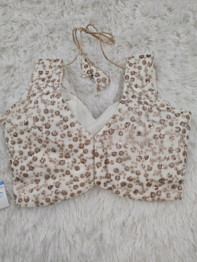Ivory Sequin Embroidered Sleeveless Blouse with Extra Sleeve Fabric – V Neck, Back Tie Closure