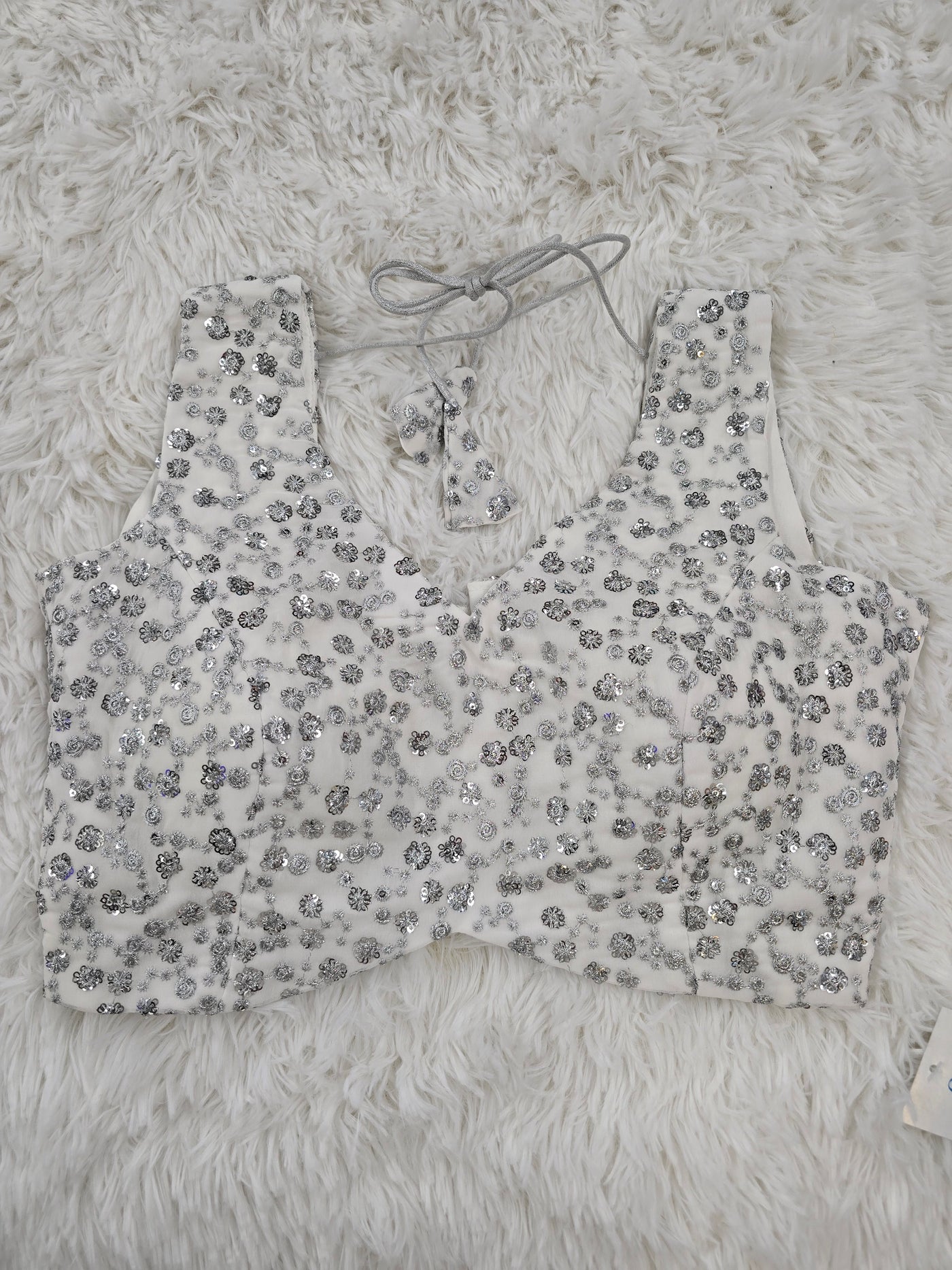 White Sequin Embroidered Sleeveless Blouse with Back Tie-Up & Extra Sleeve Material