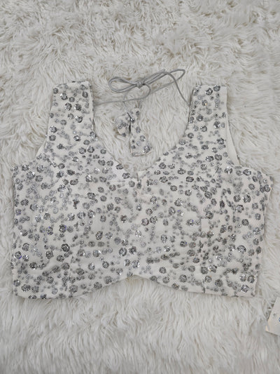 White Sequin Embroidered Sleeveless Blouse with Back Tie-Up & Extra Sleeve Material