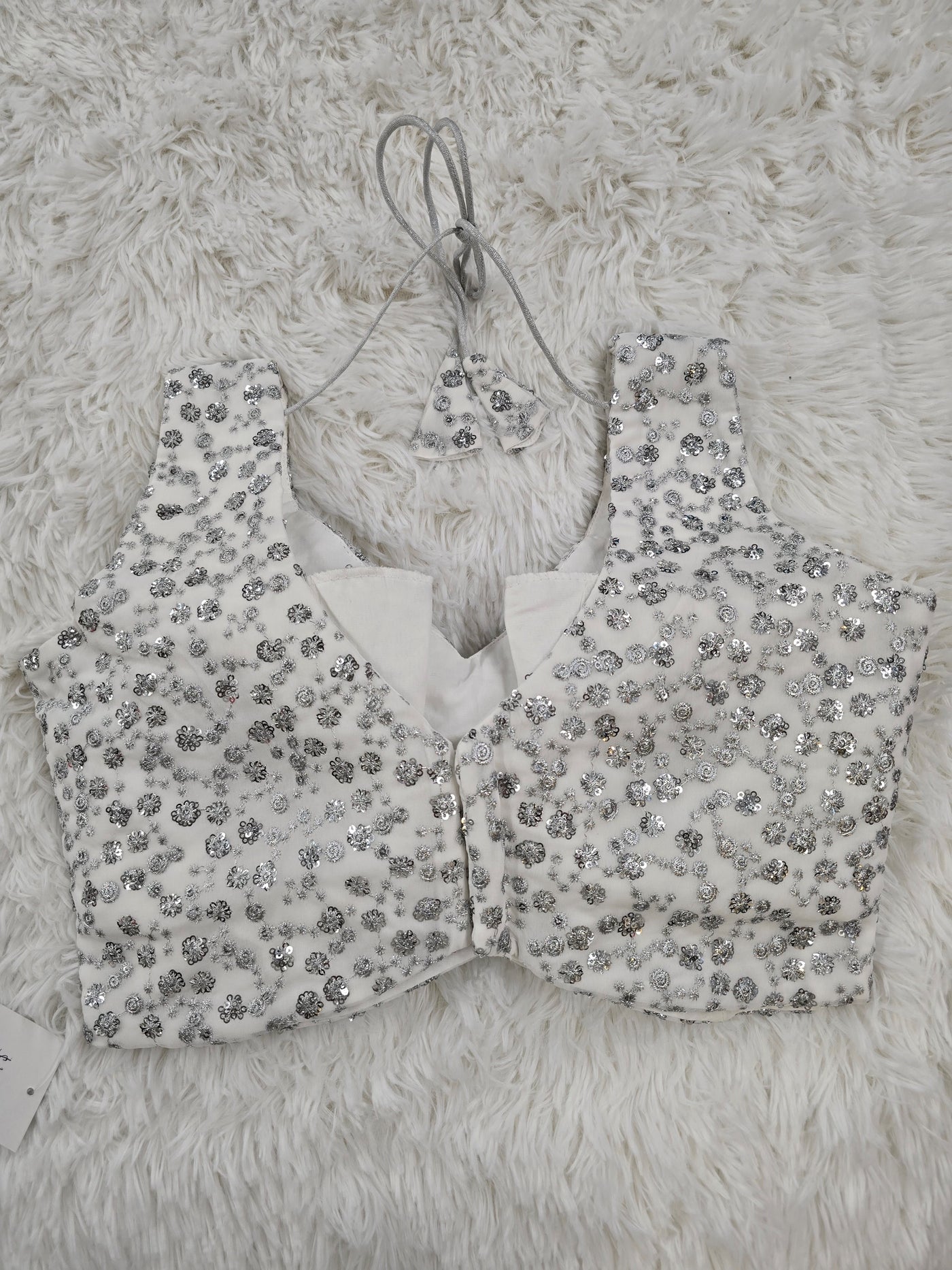White Sequin Embroidered Sleeveless Blouse with Back Tie-Up & Extra Sleeve Material