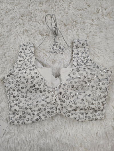 White Sequin Embroidered Sleeveless Blouse with Back Tie-Up & Extra Sleeve Material