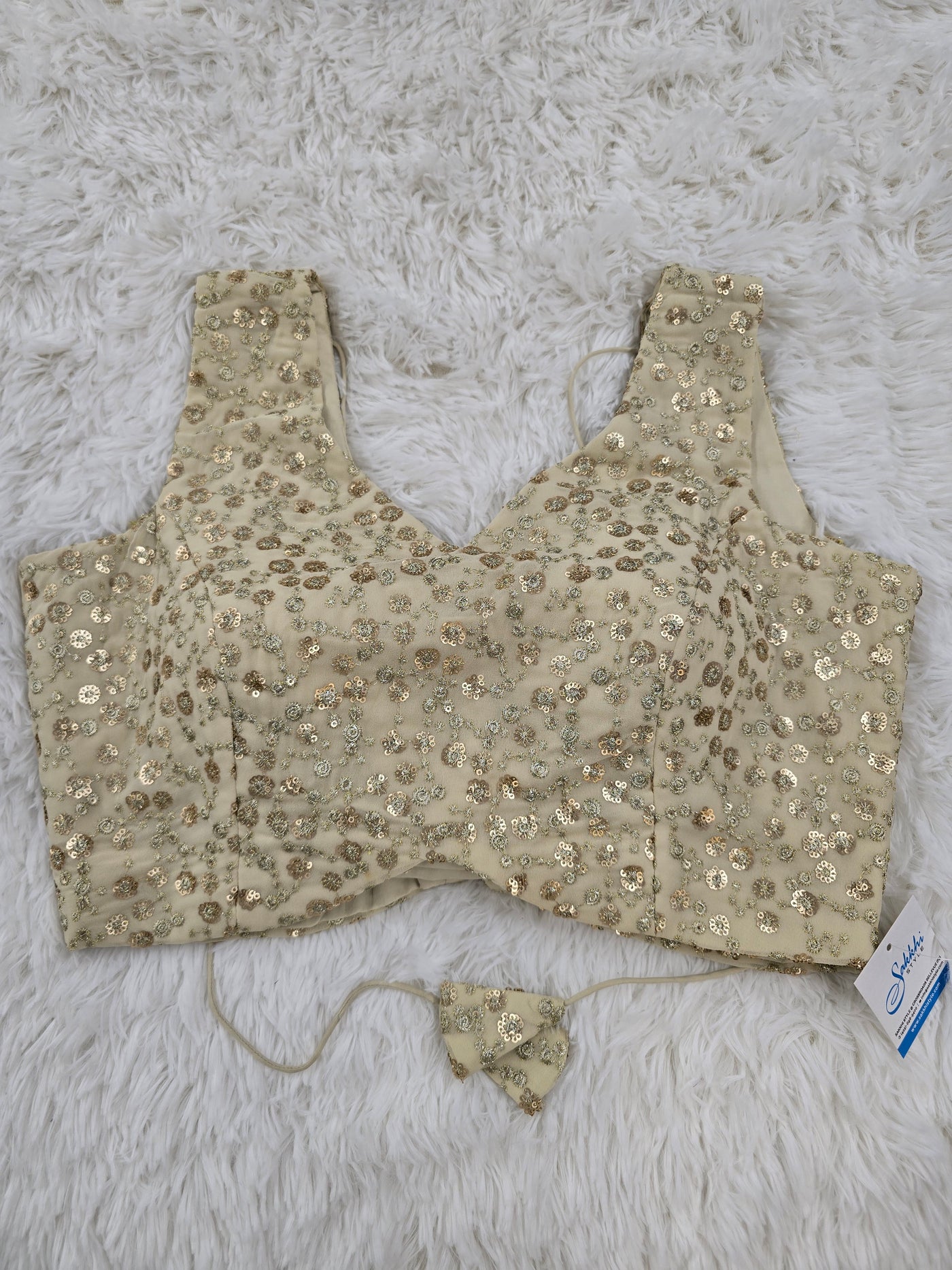 Golden Beige Sequin Embroidered Blouse with Back Tie-Up & Extra Sleeve Fabric