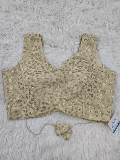 Golden Beige Sequin Embroidered Blouse with Back Tie-Up & Extra Sleeve Fabric