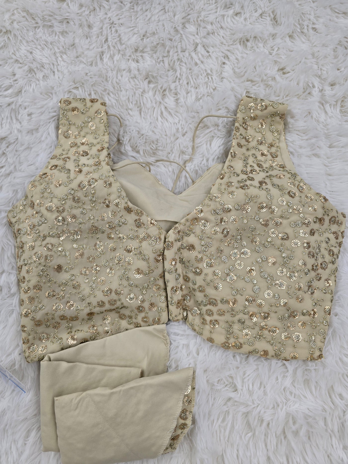 Golden Beige Sequin Embroidered Blouse with Back Tie-Up & Extra Sleeve Fabric