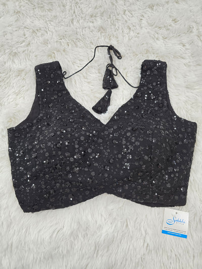 Black Sequin Embroidered Blouse – V Neck with Tie-Back & Extra Sleeve Material