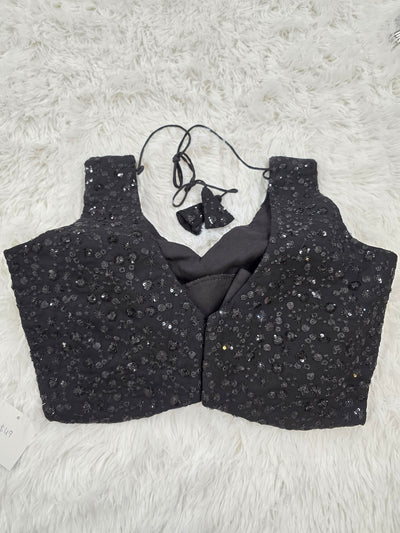 Black Sequin Embroidered Blouse – V Neck with Tie-Back & Extra Sleeve Material