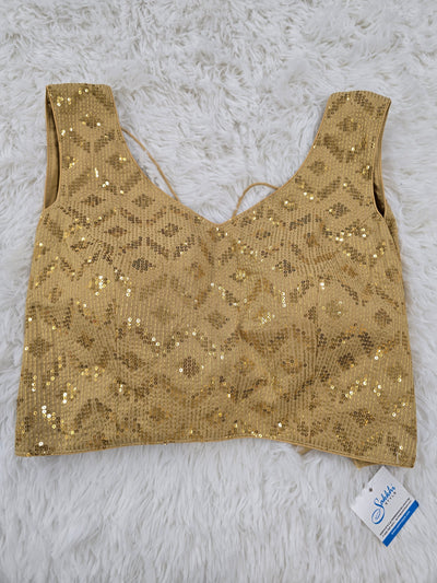 Golden Sequin V-Neck Blouse with Back Tie Closure & Extra Sleeve Fabric