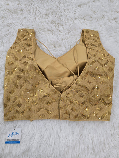 Golden Sequin V-Neck Blouse with Back Tie Closure & Extra Sleeve Fabric