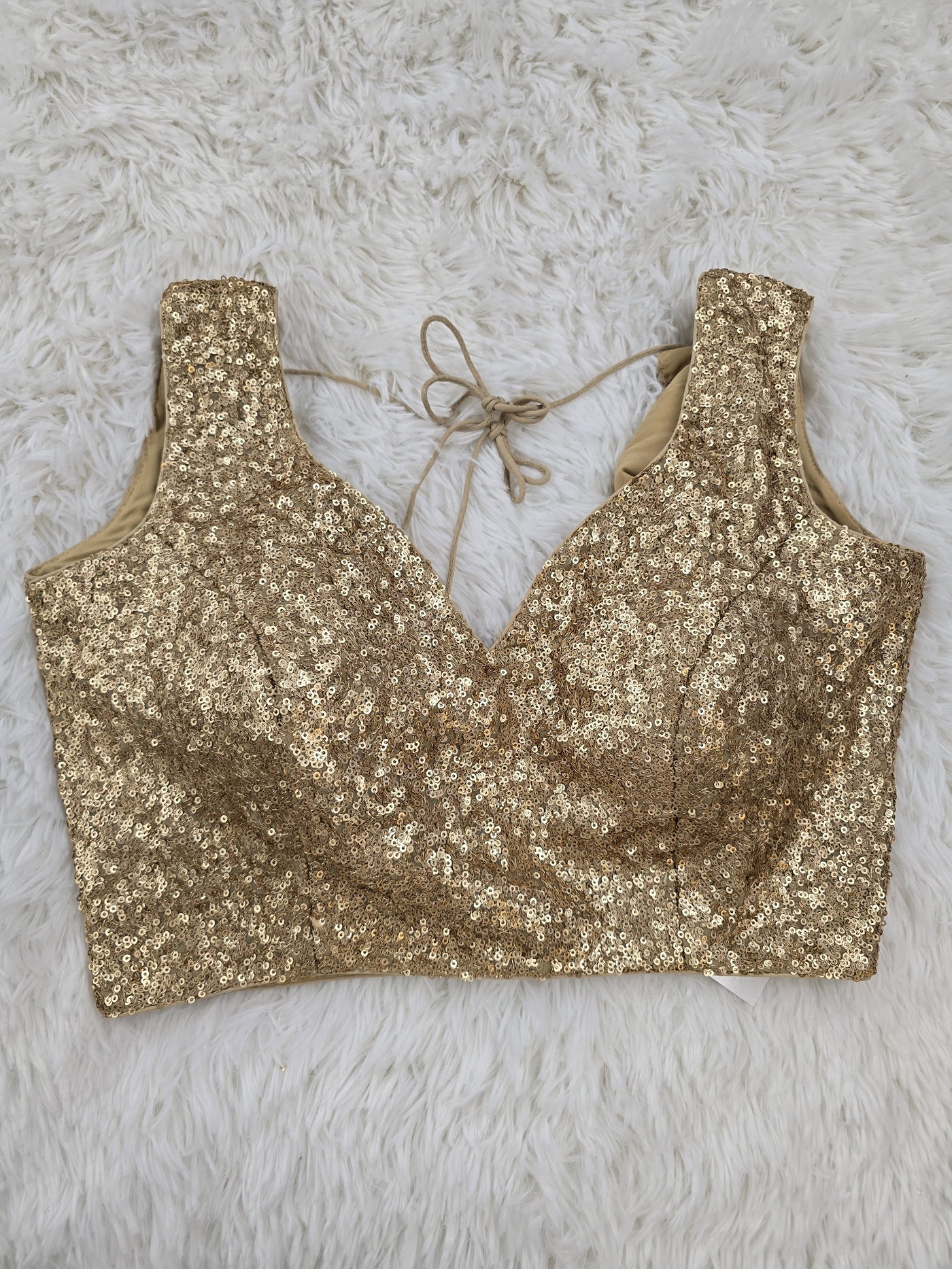Golden Sequin V-Neck Blouse – Padded, Back-Open with Tassel Tie-Up & Sleeve Fabric Included