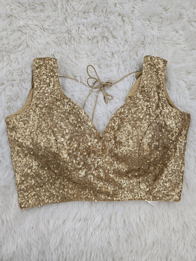 Golden Sequin V-Neck Blouse – Padded, Back-Open with Tassel Tie-Up & Sleeve Fabric Included
