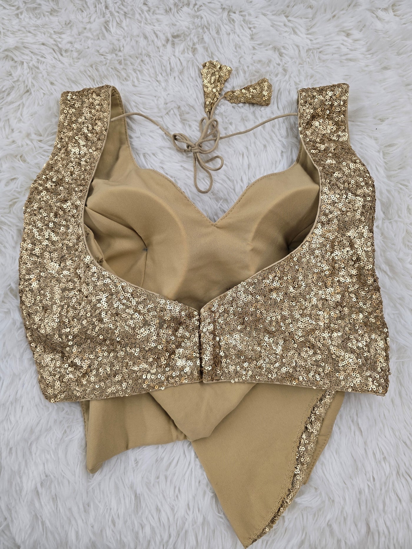 Golden Sequin V-Neck Blouse – Padded, Back-Open with Tassel Tie-Up & Sleeve Fabric Included