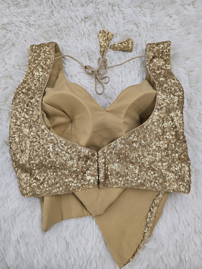 Golden Sequin V-Neck Blouse – Padded, Back-Open with Tassel Tie-Up & Sleeve Fabric Included