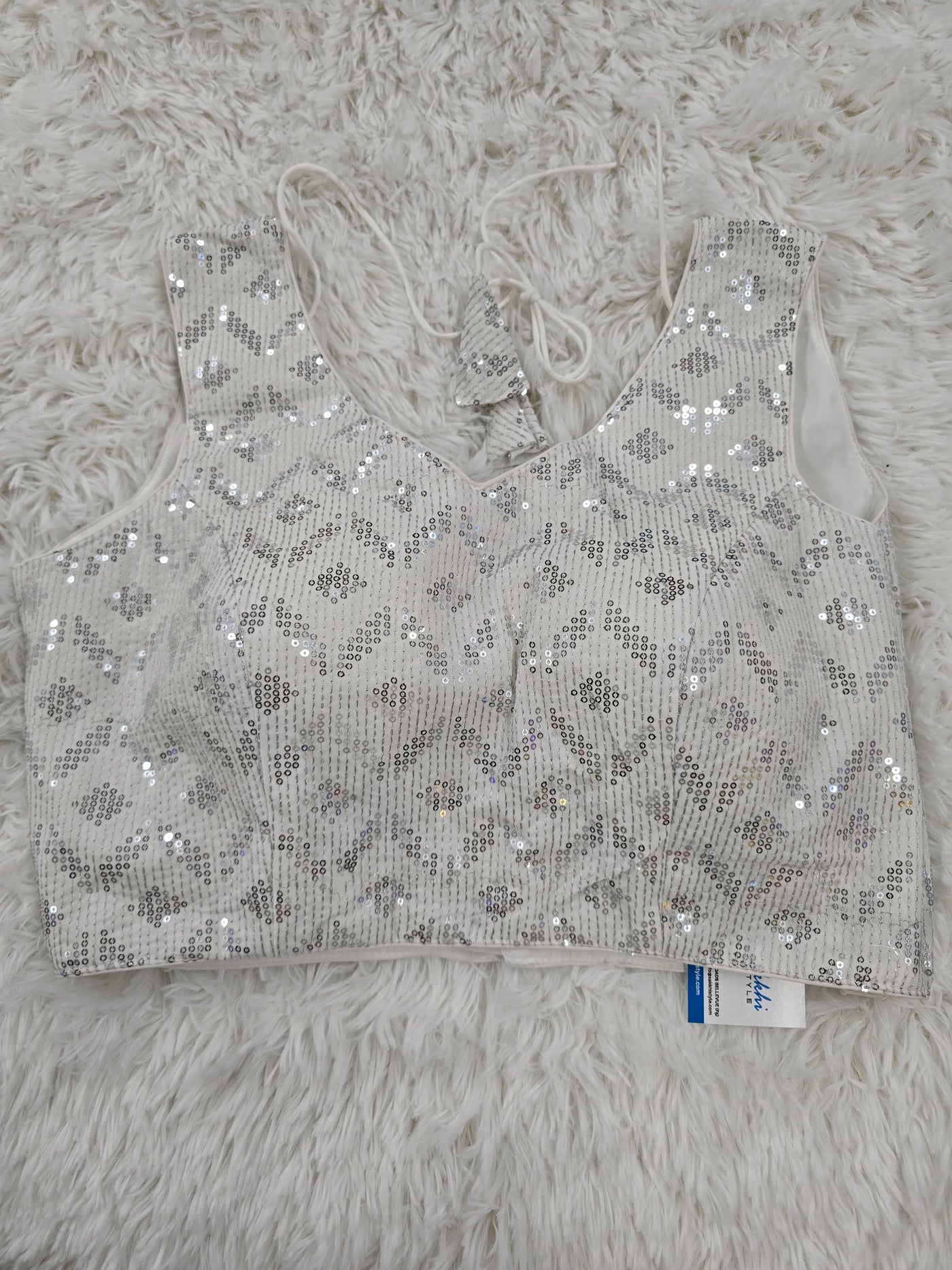 White Sequin Sleeveless Blouse – V Neck with Back-Open Tie-Up & Sleeve Fabric Included