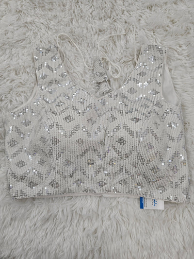White Sequin Sleeveless Blouse – V Neck with Back-Open Tie-Up & Sleeve Fabric Included