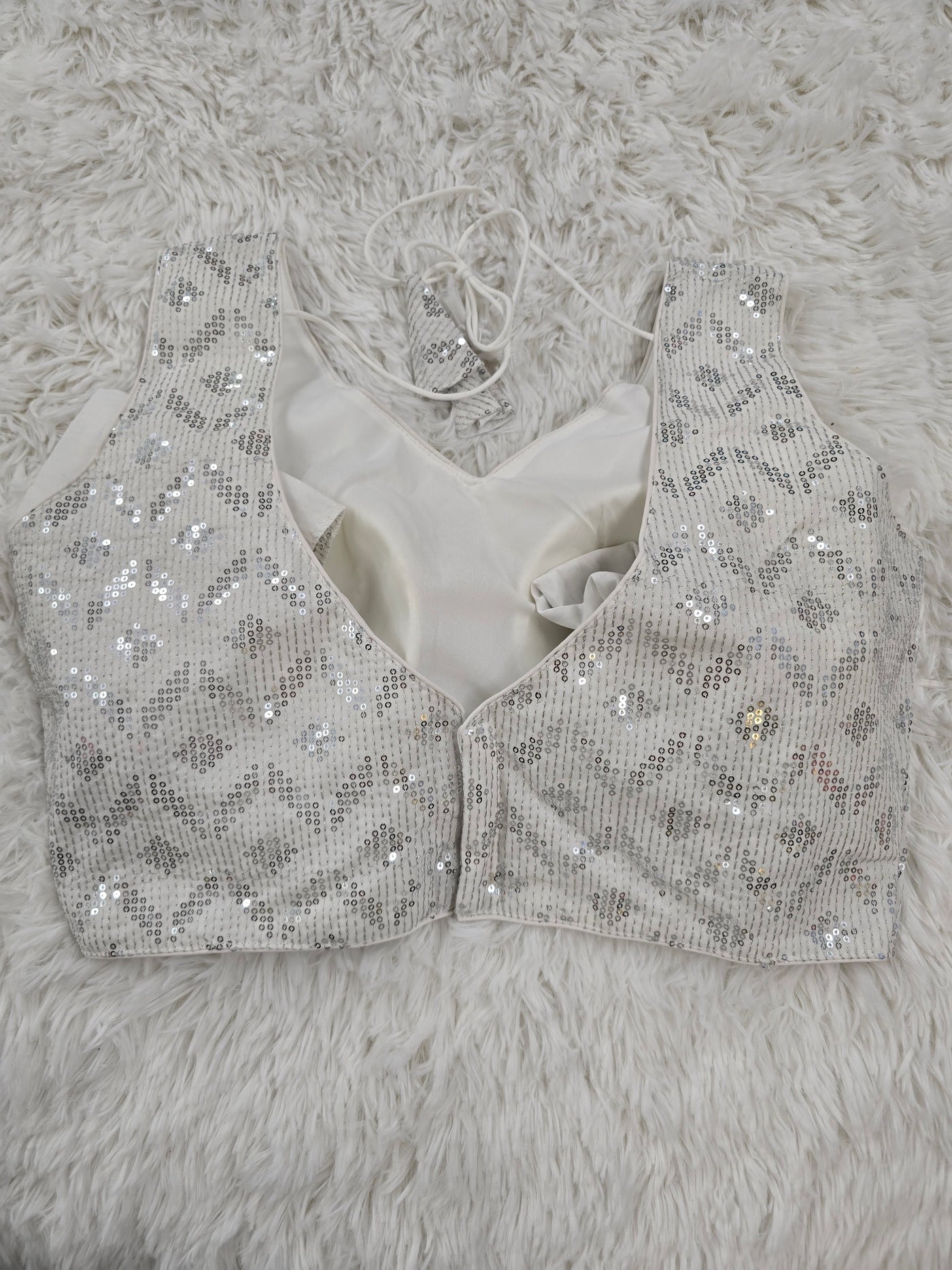 White Sequin Sleeveless Blouse – V Neck with Back-Open Tie-Up & Sleeve Fabric Included