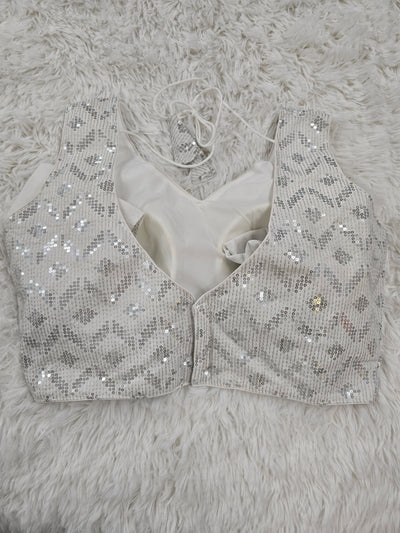 White Sequin Sleeveless Blouse – V Neck with Back-Open Tie-Up & Sleeve Fabric Included