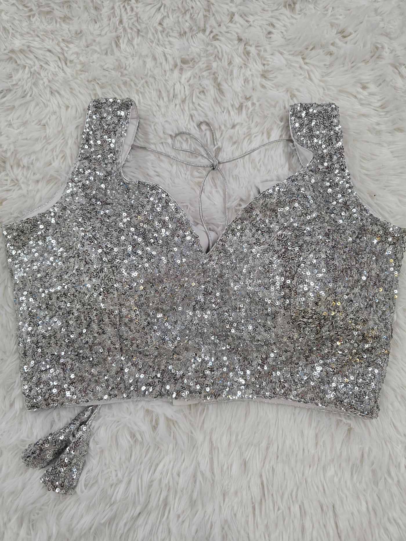 Silver Sequin Sleeveless Blouse – V Neck with Back-Open Design
