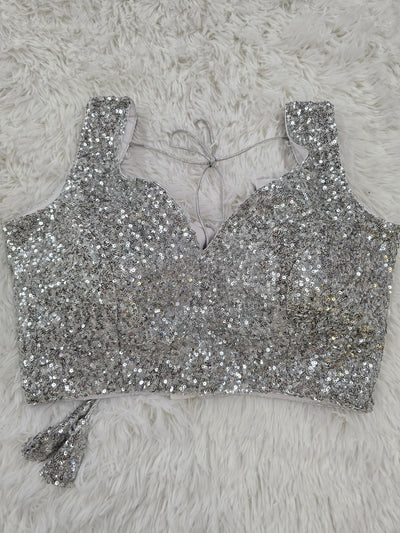 Silver Sequin Sleeveless Blouse – V Neck with Back-Open Design