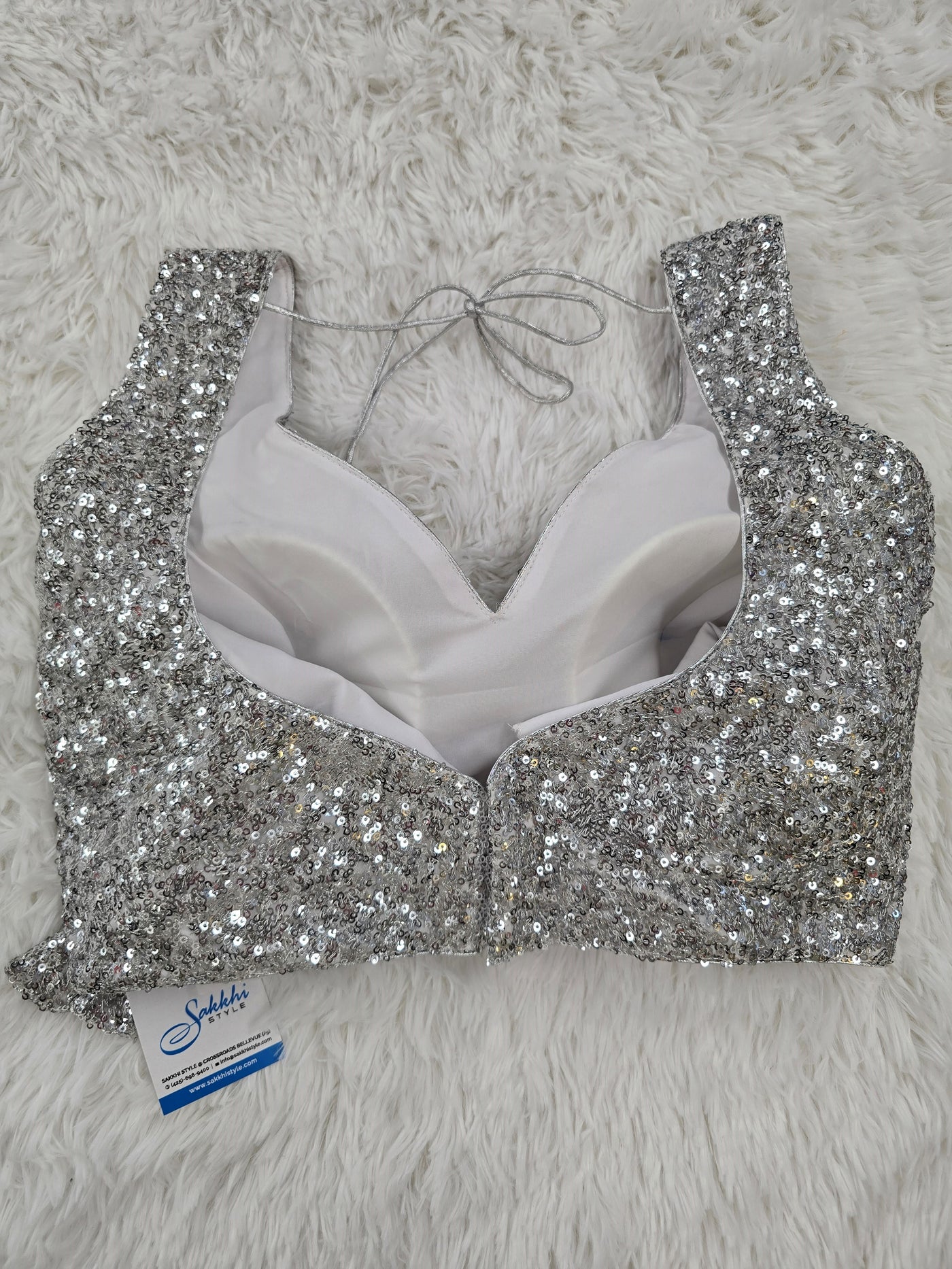 Silver Sequin Sleeveless Blouse – V Neck with Back-Open Design