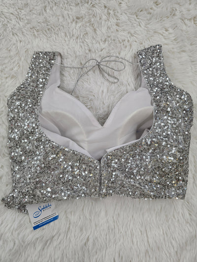 Silver Sequin Sleeveless Blouse – V Neck with Back-Open Design