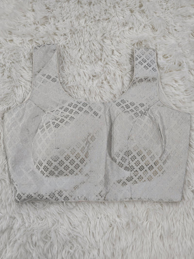Silver Jacquard Sleeveless Blouse – Elegant Round Neck with Back-Open Design