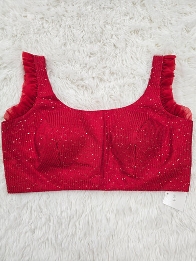 Red Sleeveless Round Neck Blouse with Back-Open Design
