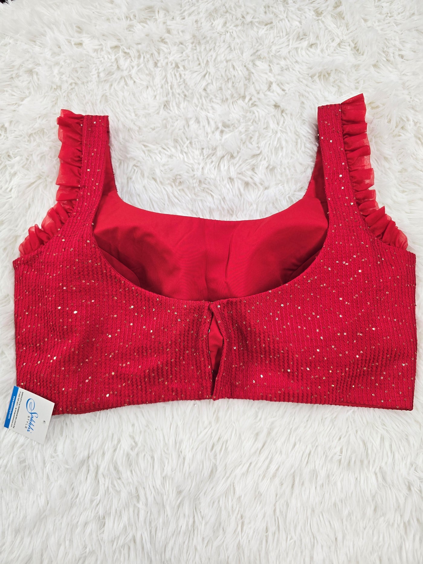 Red Sleeveless Round Neck Blouse with Back-Open Design