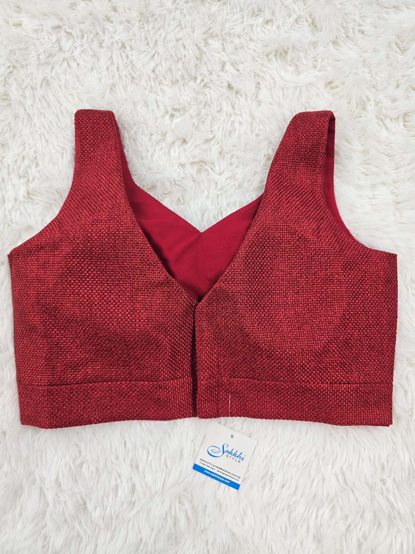 Maroon Sleeveless V-Neck Blouse with Back-Open Design