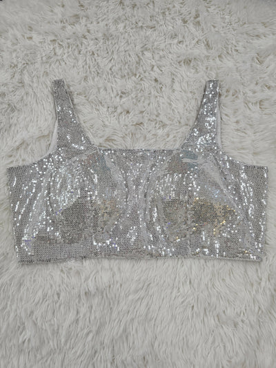 Silver Sequin Sleeveless Blouse with Back-Open Design