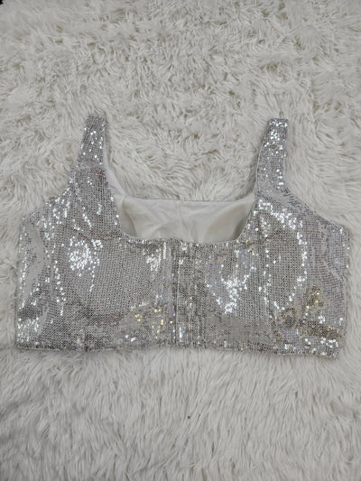 Silver Sequin Sleeveless Blouse with Back-Open Design
