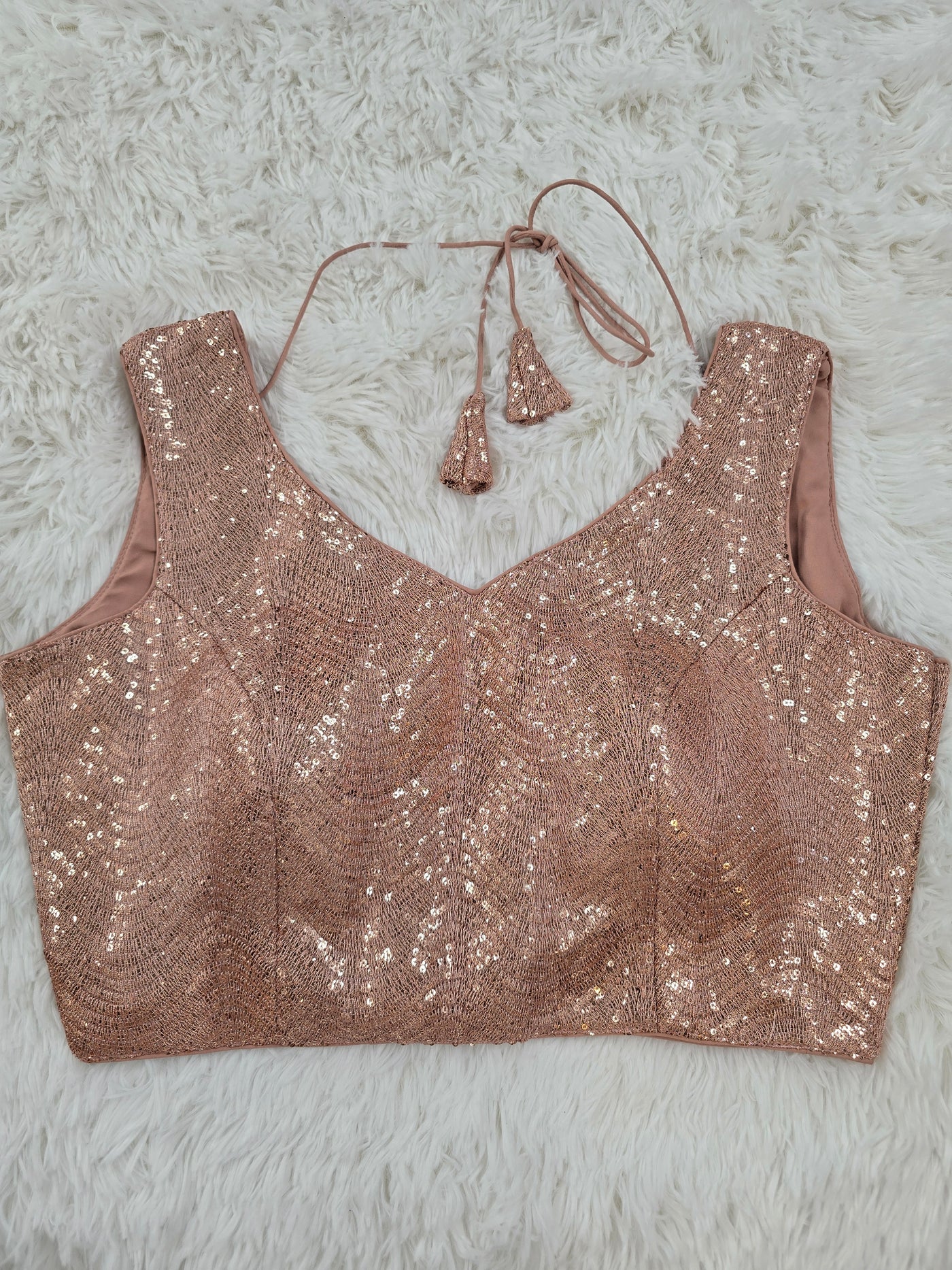 Rose Gold Sequin V-Neck Sleeveless Blouse with Back-Open Design