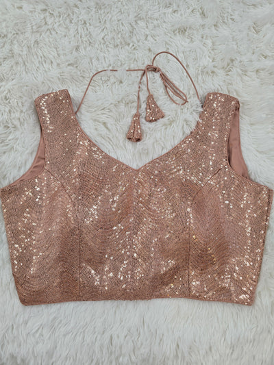 Rose Gold Sequin V-Neck Sleeveless Blouse with Back-Open Design