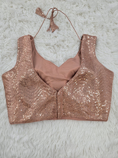 Rose Gold Sequin V-Neck Sleeveless Blouse with Back-Open Design