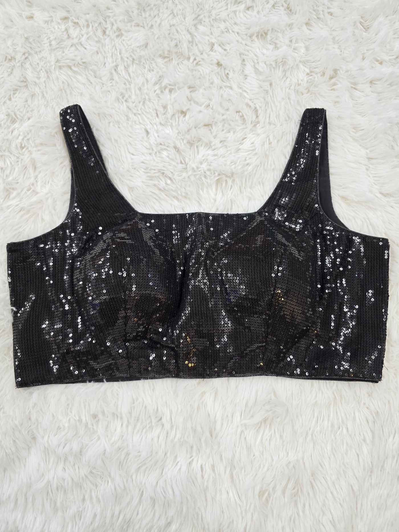 Black Sequin Sleeveless Blouse with Back-Open Design