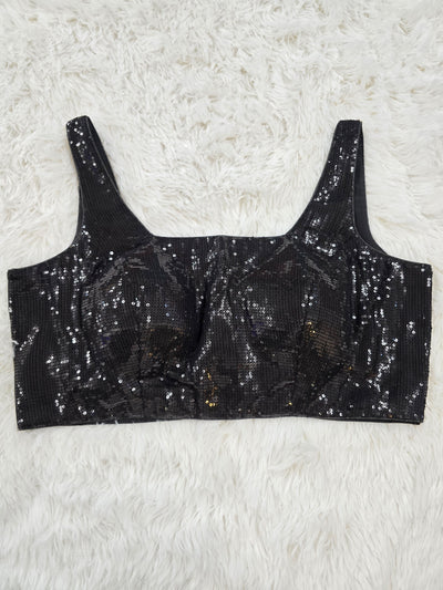 Black Sequin Sleeveless Blouse with Back-Open Design