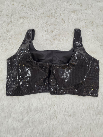 Black Sequin Sleeveless Blouse with Back-Open Design