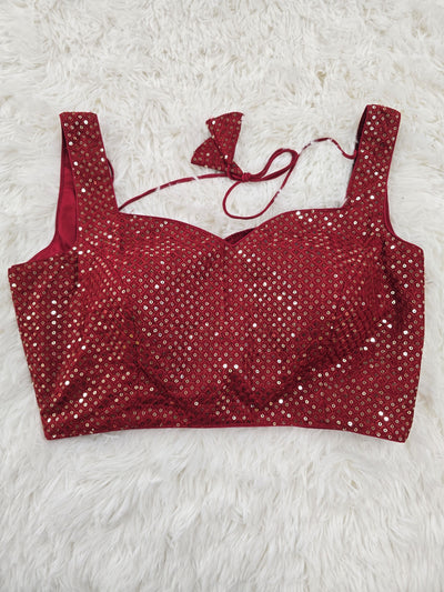 Maroon Sequins Work Sleeveless Blouse with Extra Sleeve Material & Sweetheart Neckline