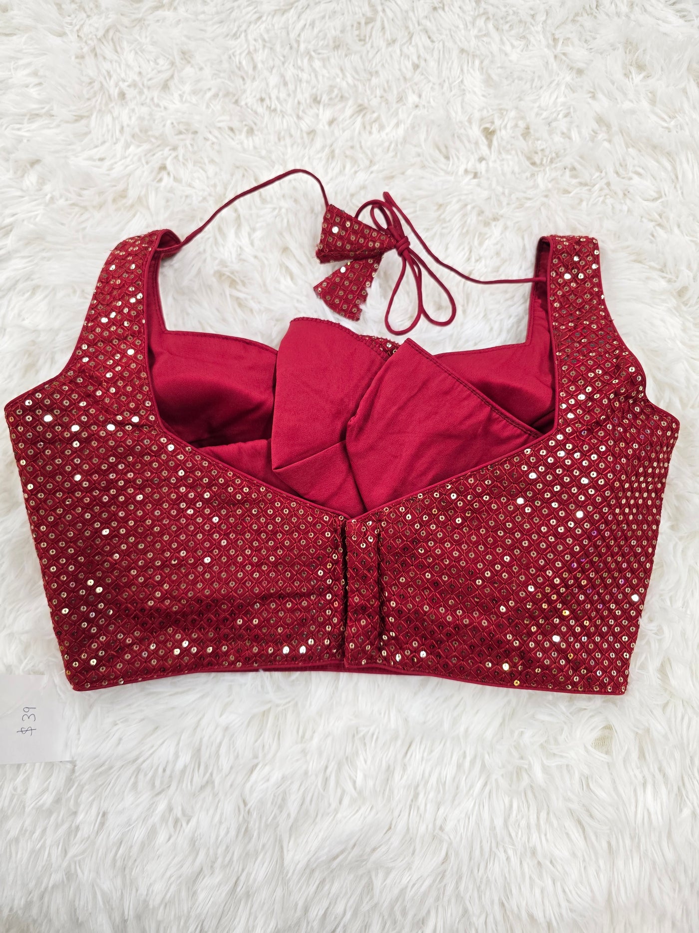 Maroon Sequins Work Sleeveless Blouse with Extra Sleeve Material & Sweetheart Neckline