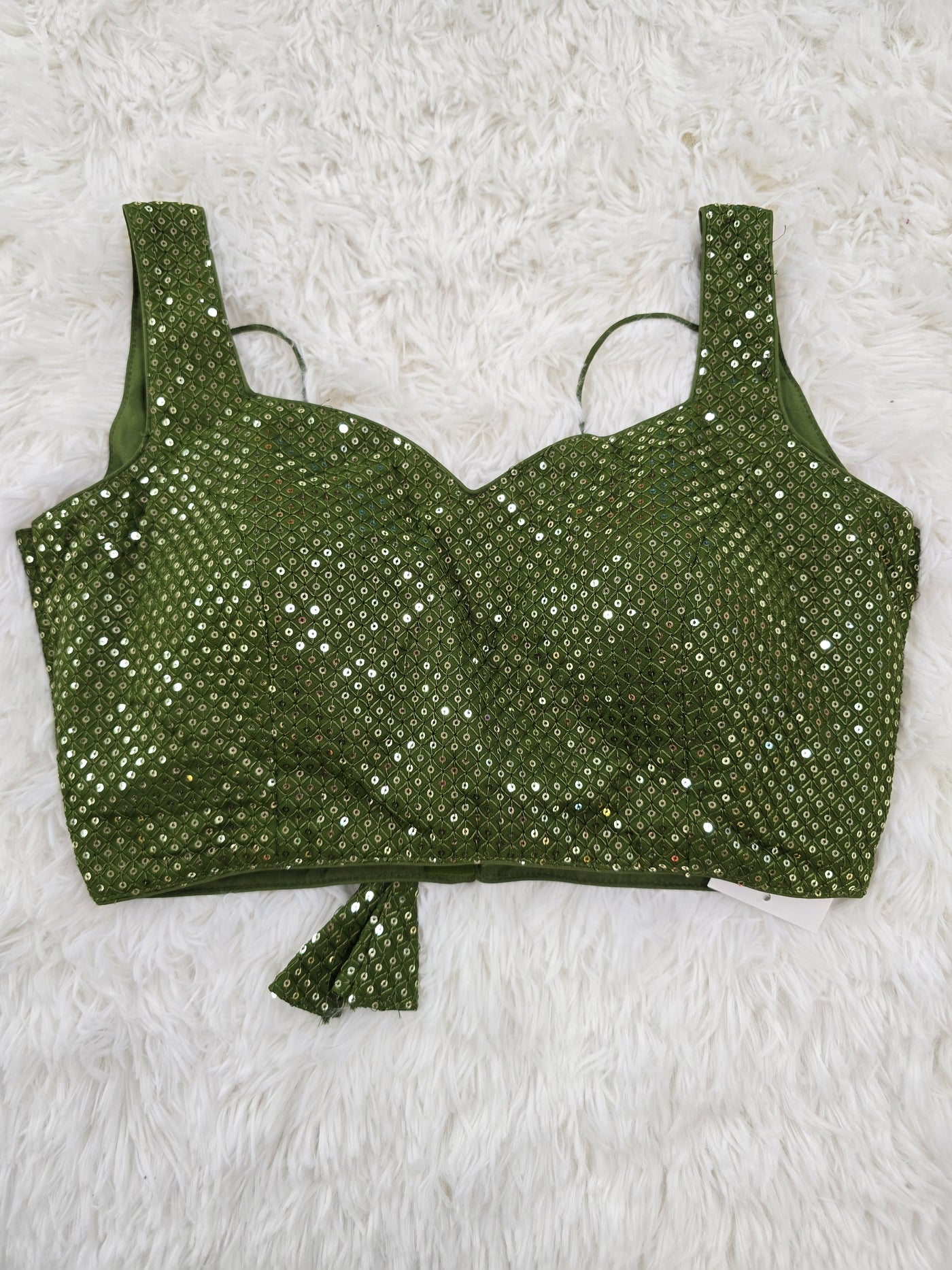 Olive Green Sequins Work Sleeveless Blouse with Extra Sleeve Material